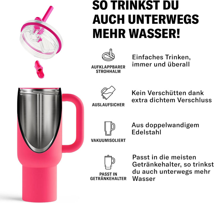 waterdrop® Thermobecher mit Strohhalm 1,1L – Auslaufsichere, robuste Trinkflasche mit aufklappbarem