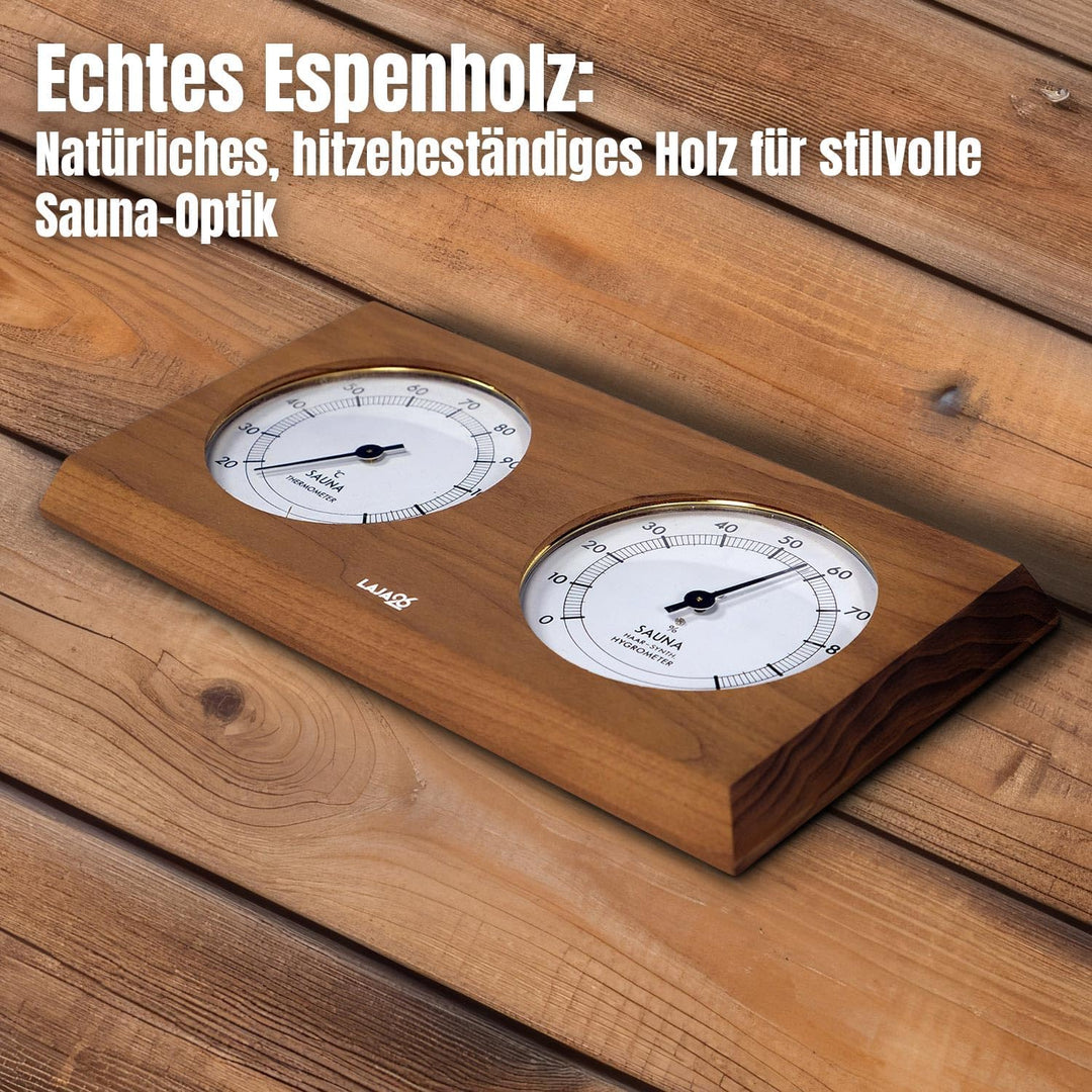 LaJa26 Sauna Thermo-Hygrometer - FSC Thermo-Espenholz - Misst Temperatur & Luftfeuchtigkeit - Bimeta