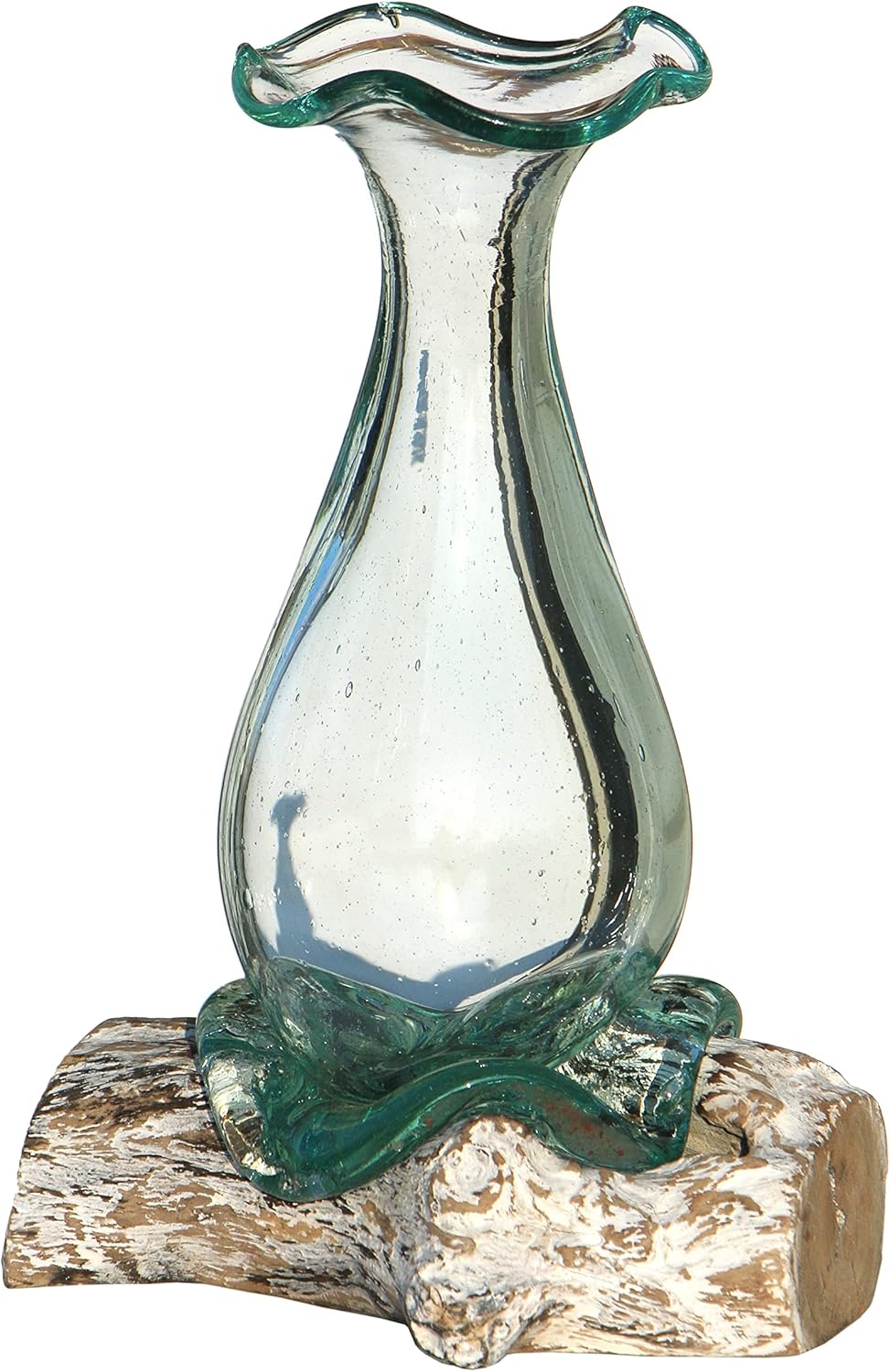 Wogeka - White Line Collection - 25 cm weisse Glas-Vase Athena auf Wurzel-Holz als Maritime Mediterr