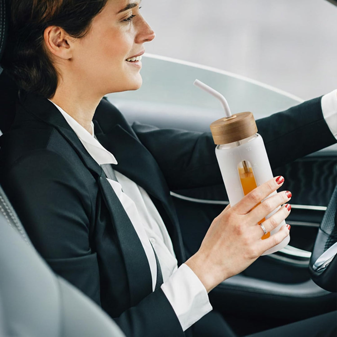 BLUEGO 600ml Glaswasserflasche mit Strohhalm und 2 Deckeln Kaffeetasse aus Glas mit Zeitmarkierung u
