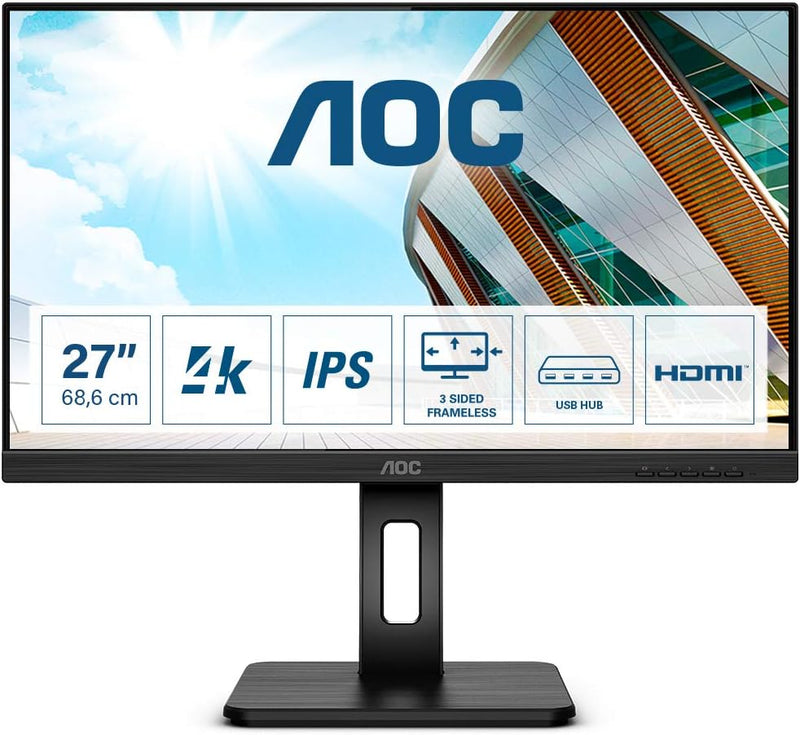 AOC U27P2 - 27 Zoll UHD Monitor, höhenverstellbar (3840x2160, 60 Hz, HDMI, DisplayPort, USB Hub) sch