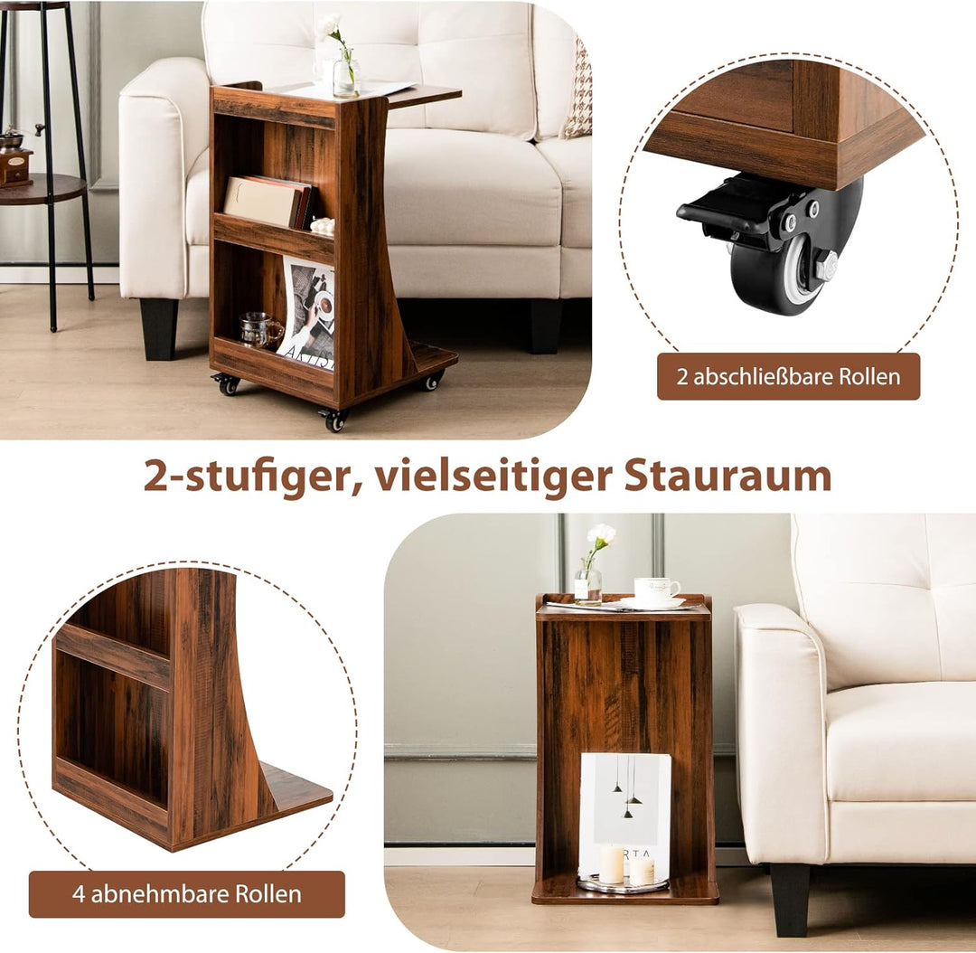 COSTWAY Beistelltisch mit Rollen, mobiler Sofatisch mit 2 hintere Ablagefächer, C-Form, Kaffeetisch