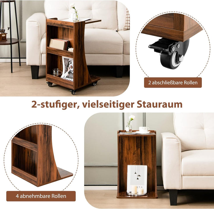 COSTWAY Beistelltisch mit Rollen, mobiler Sofatisch mit 2 hintere Ablagefächer, C-Form, Kaffeetisch