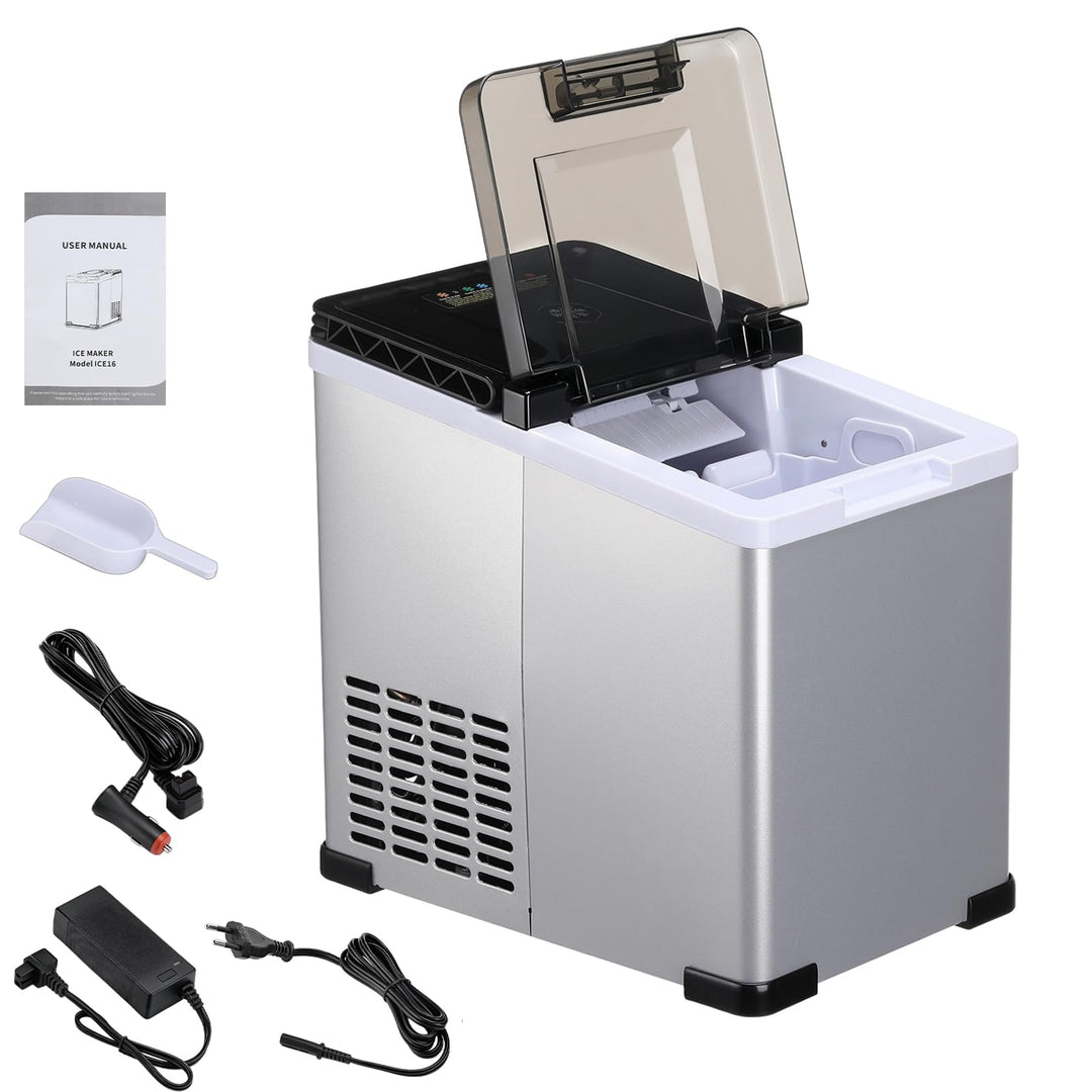 Tragbarer Eiswürfelbereiter ICE16 mit Kompressor, Eiswürfelmaschine 12V 24V 230V, Eiswürfel in 6 Min