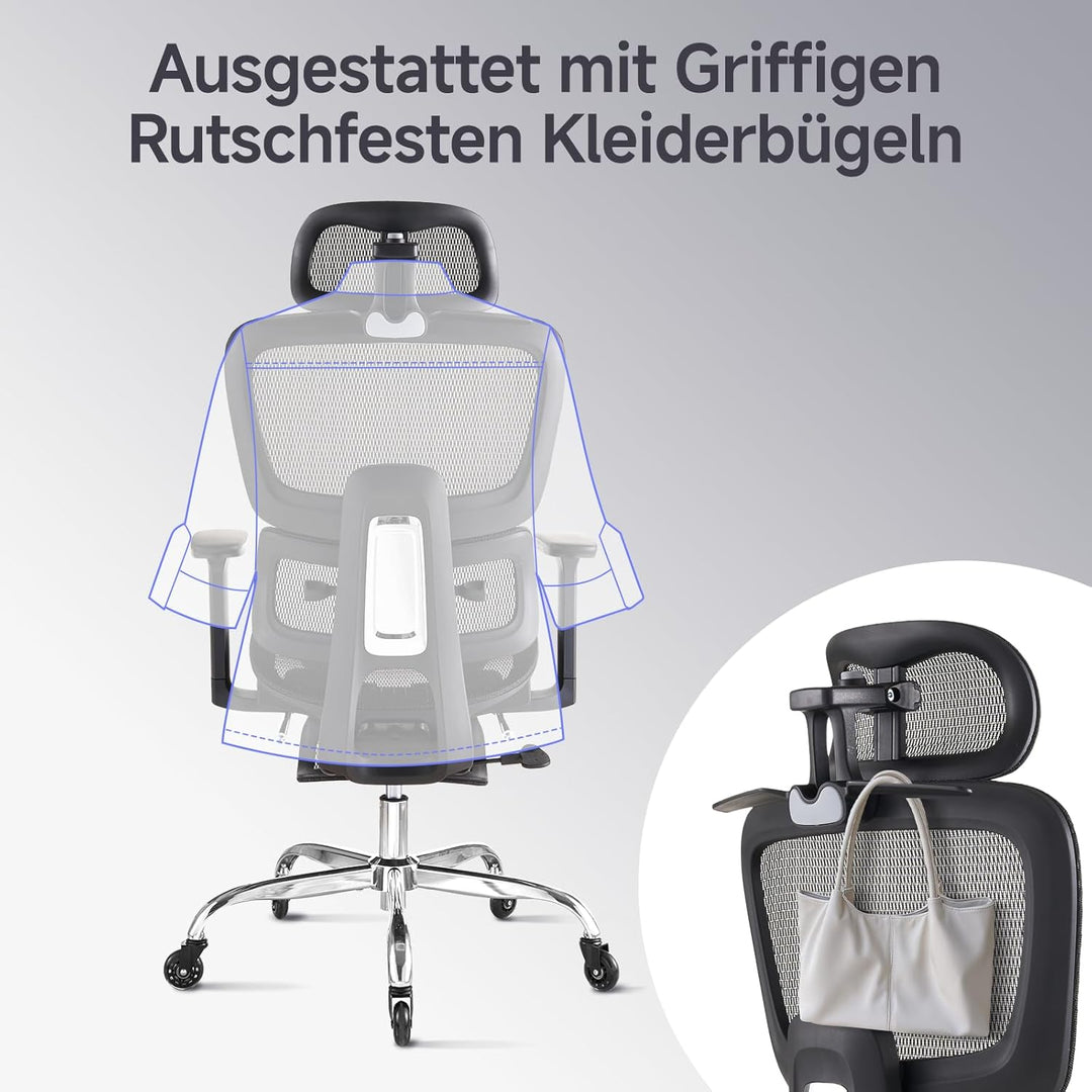 Ergonomischer Bürostuhl mit Fussstütze &amp; Nackenkissen, 5-Fach Höhenverstellbare Rückenlehne, 2D Lord