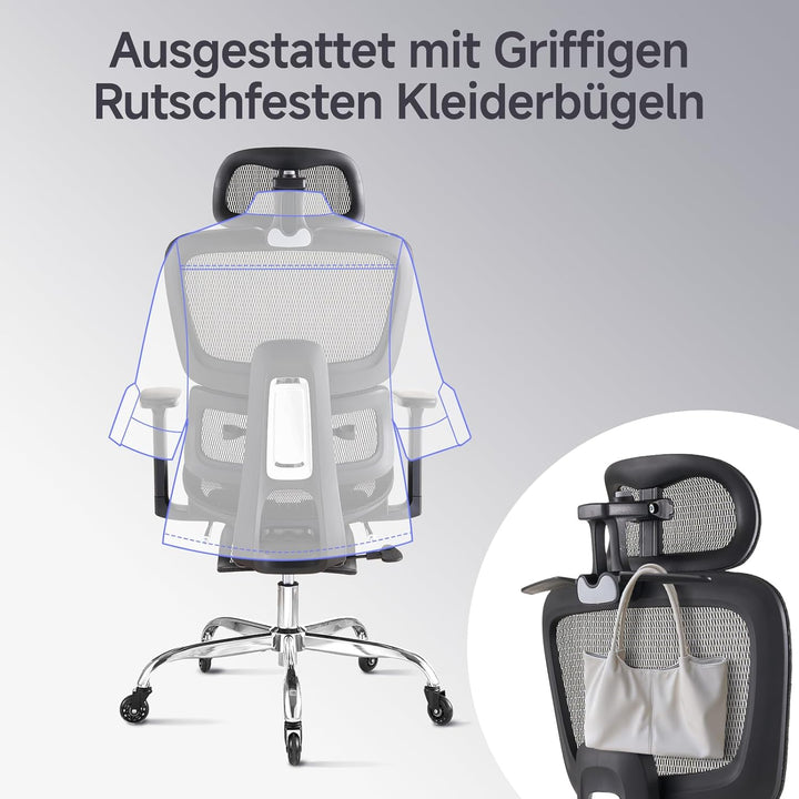 Ergonomischer Bürostuhl mit Fussstütze &amp; Nackenkissen, 5-Fach Höhenverstellbare Rückenlehne, 2D Lord