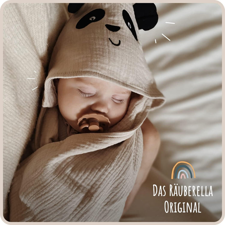 Räuberella® Panda-Kapuzenhandtuch Baby in Beige I 80x80cm I Musselin-Badetuch-Baby aus 100% Bio-Baum