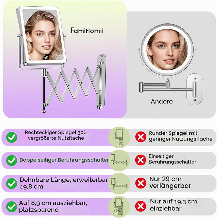 Famihomii 5000mAh Wiederaufladbar Kosmetikspiegel mit LED Beleuchtetung, 8,7 Zoll beidseitig 1X/30X