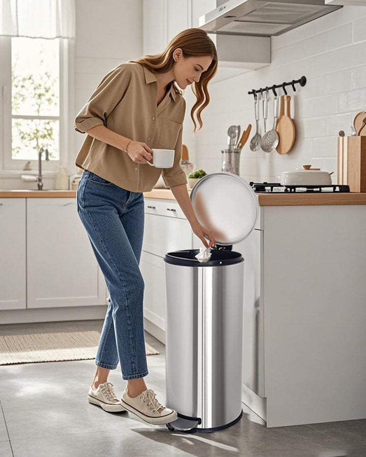 Mülleimer 30 L Treteimer mit Softclose-Deckel, Abfalleimer 30 Liter mit Fusspedal, Rund Mülleimer mi