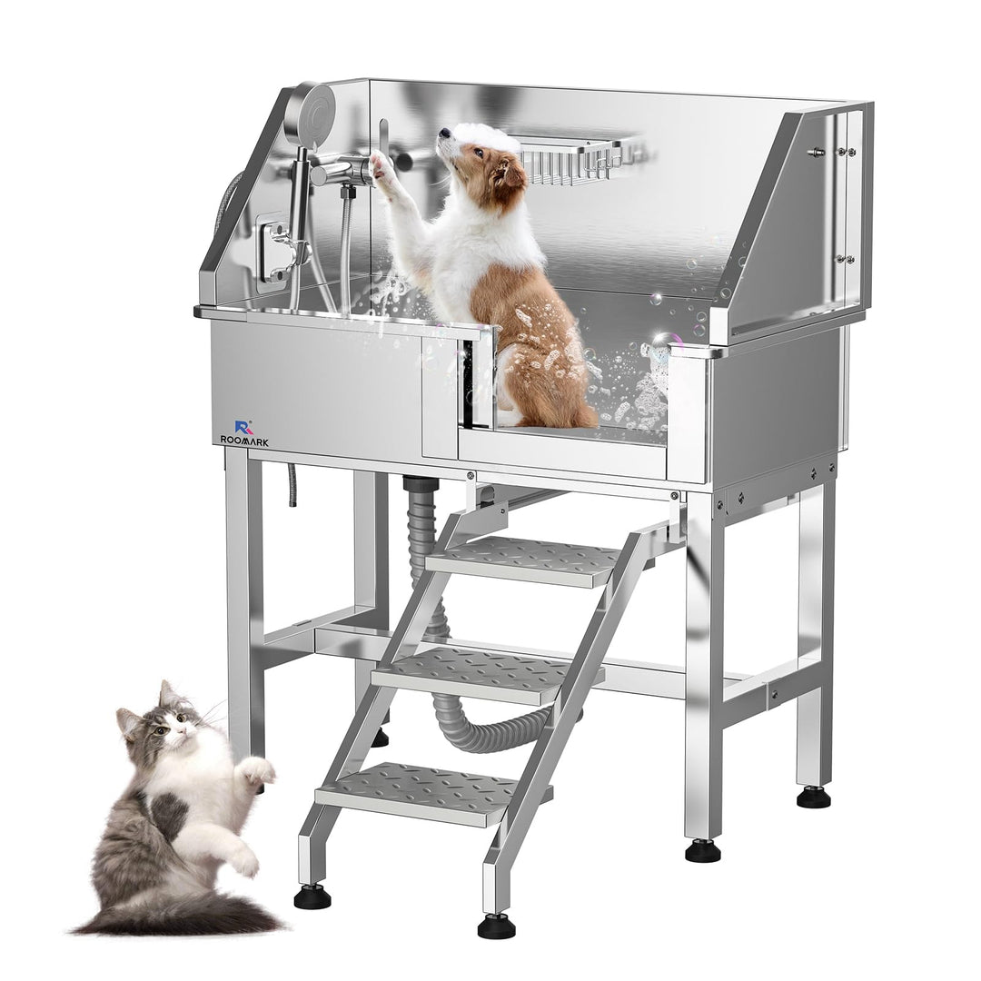 Roomark 86 cm Professionelle Hundebadewanne mit Treppe, Edelstahl Hundepool mit Duschkopf & Schiebet