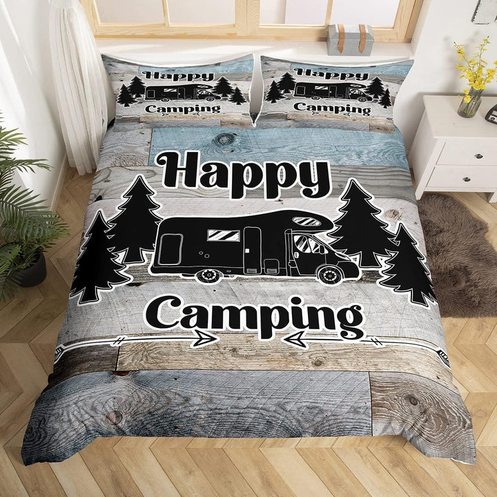 Happy Camping-Bettwäsche-Set, 135 x 200 cm, für Jungen, Kinder, Teenager, rustikaler Bettbezug im La