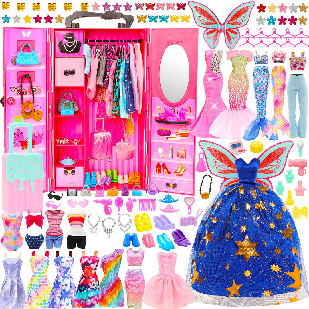101 Teile 11,5 Zoll Mädchenpuppe Modenschrank Spielset - 1 Puppenschrank, 12 Kleidung, 10 Schuhe &amp; 7