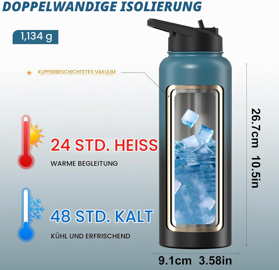 WATERSY Isolierte Edelstahl Thermosflasche 40oz Vakuumisolierte Trinkflasche mit 2 Deckel Auslaufsic