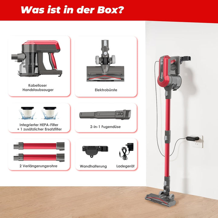 Akitas V10A Akku Staubsauger Kabellose mit 450W BLDC-Motor, 45kPa Saugleistung, 60 Min Laufzeit, LED