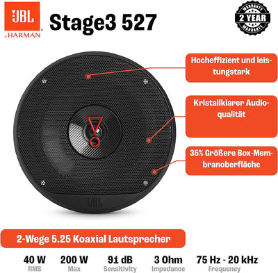 JBL Stage3 527 2-Wege Auto Lautsprecher Set von Harman Kardon - 200 Watt KFZ Autolautsprecher Boxen