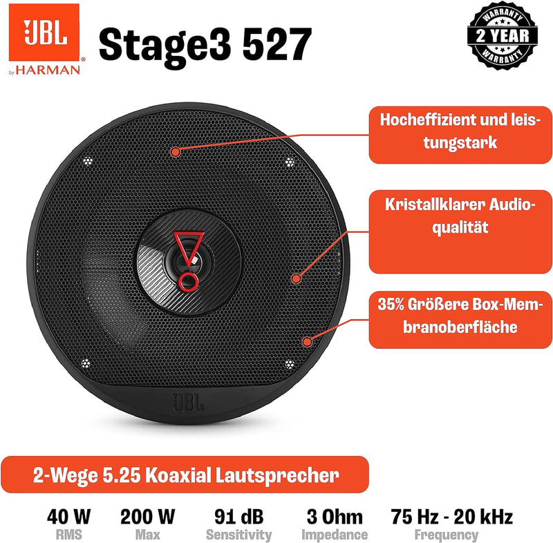 JBL Stage3 527 2-Wege Auto Lautsprecher Set von Harman Kardon - 200 Watt KFZ Autolautsprecher Boxen