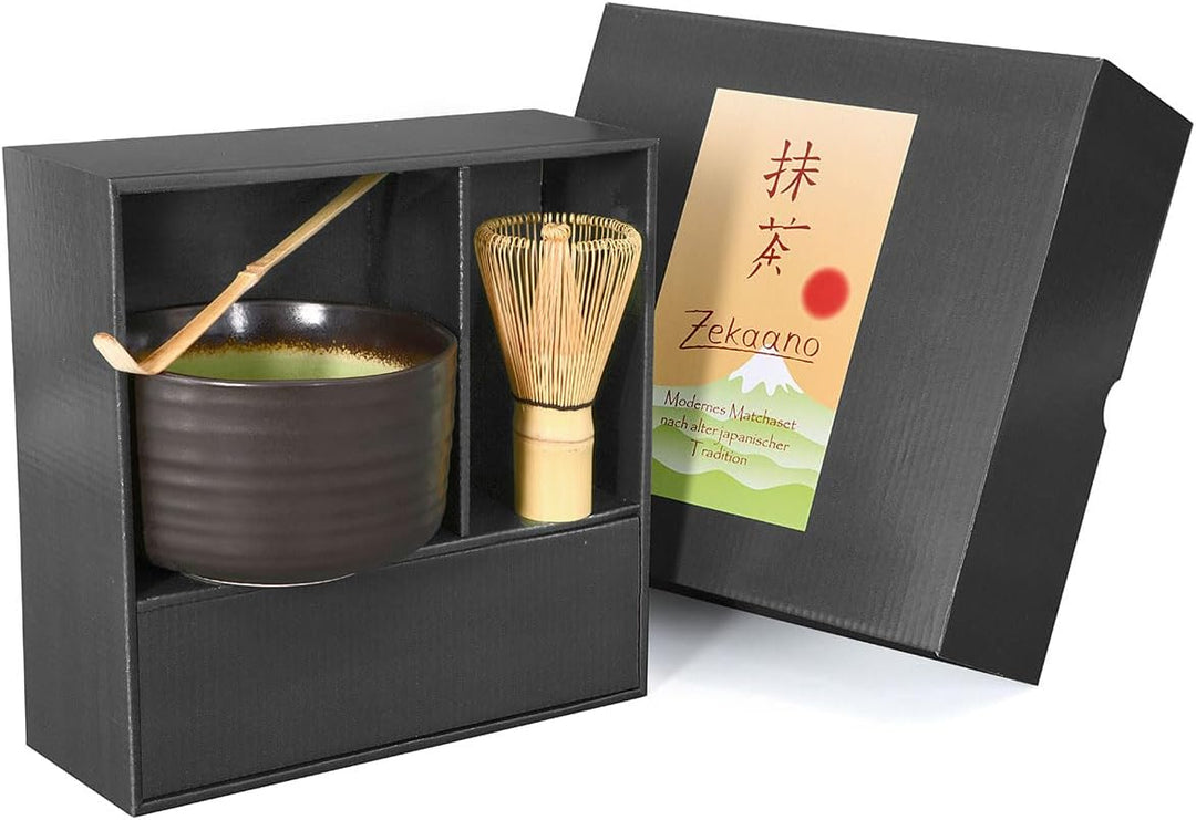Matcha-Set 3-teilig, anthrazit/grün, bestehend aus Matcha-Schale, Matcha-löffel und Matcha-Besen (Ba