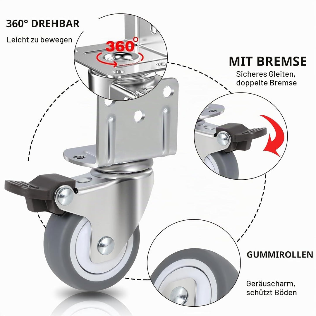 50mm Möbelrollen mit Dicker, 4 L-Montageplatte Schwerlastrollen Klein Tragfähigkeit 270kg, 360°-Dreh