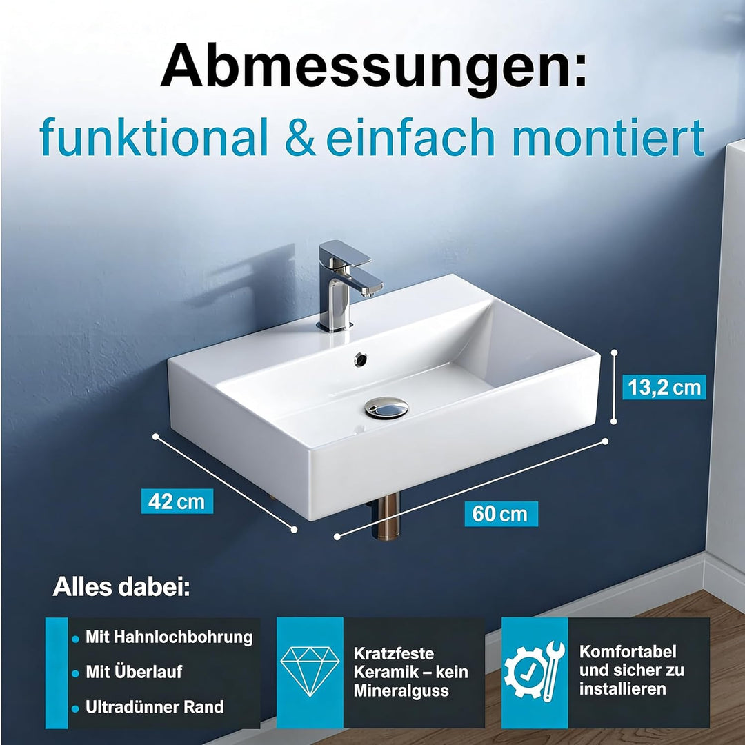 Aqua Bagno | Eckiges Design Handwaschbecken, hochwertige Keramik, modern & stilvoll durch dünnen Ran