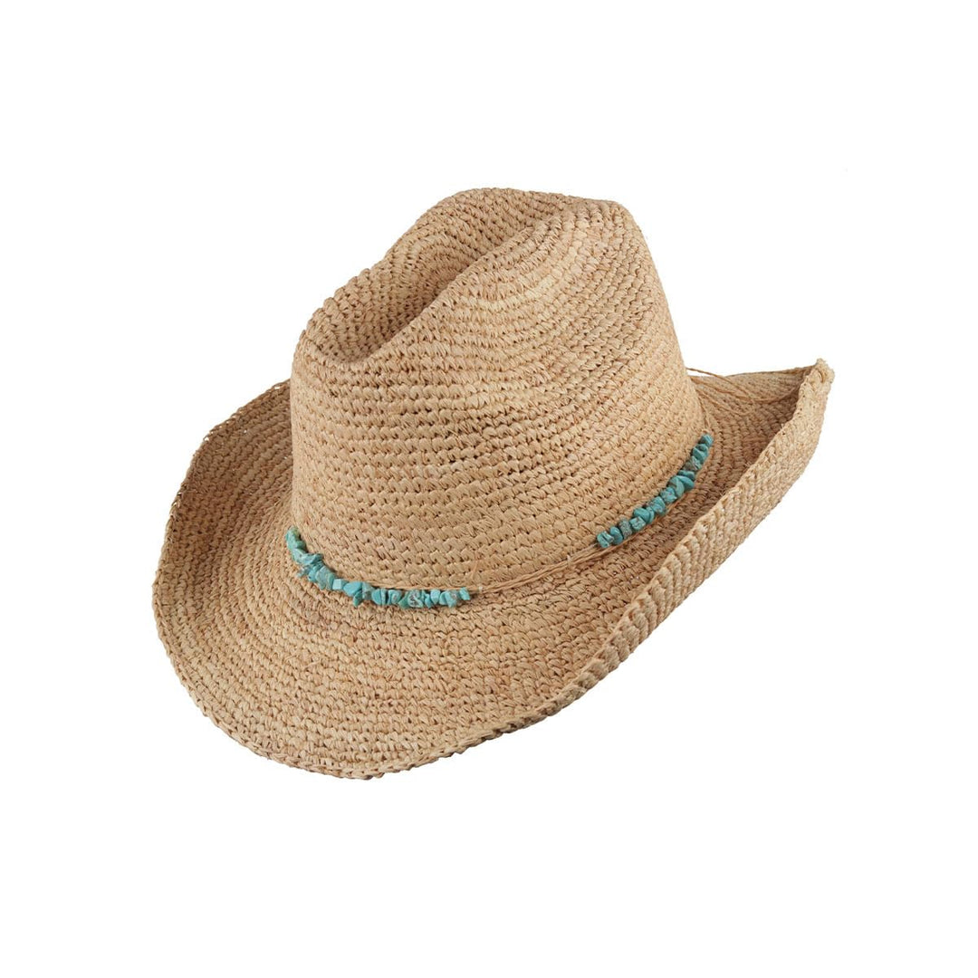 Scippis Damen Strohhut Bondi – Sommerhut aus gehäkelter Raffia mit türkisfarbenem Zierband – S/M (55