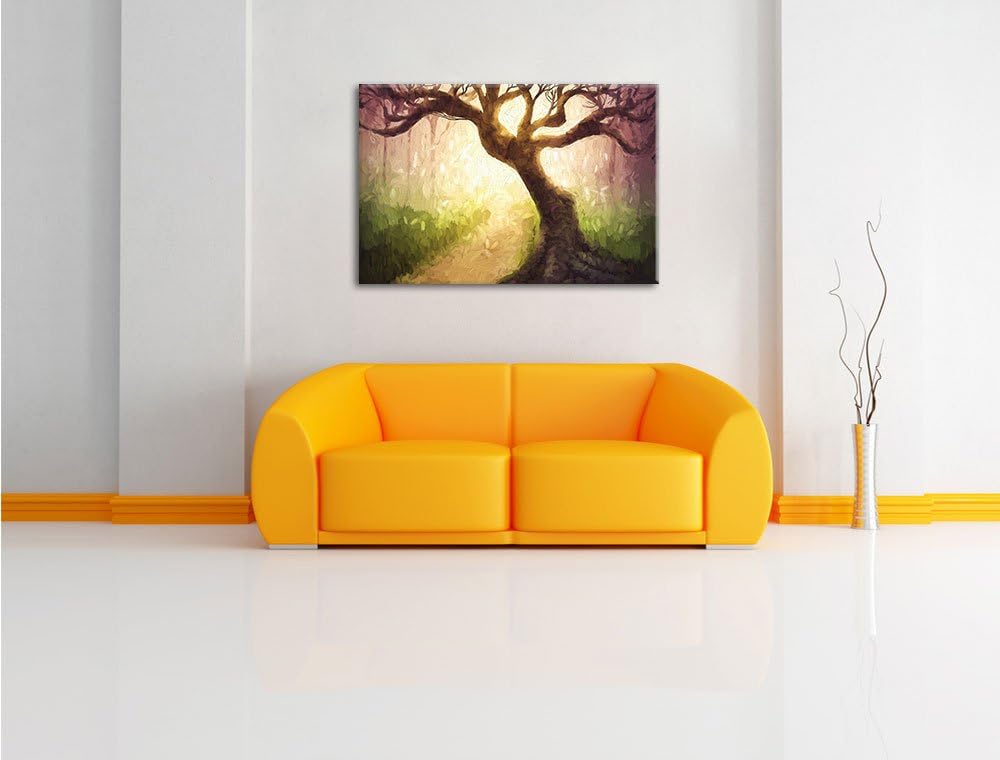 Pixxprint Riesiger Baum am Waldweg Pinsel Effekt, Format: 100x70 auf Leinwand, 100x70