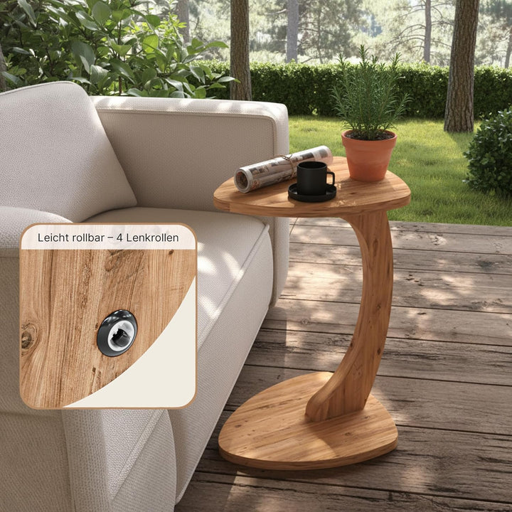 Beistelltisch C-Form Reuleaux-Dreieck, Oak, Sofatisch mit Rollen, Couchtisch, Laptoptisch Couch, 56