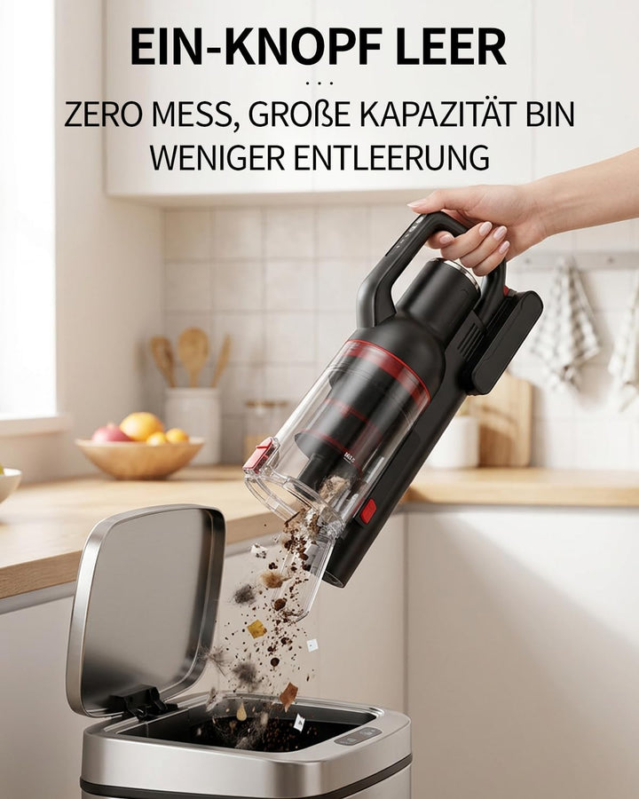 Akku Staubsauger Kabellos – 40KPa/500W/50 Min, 1L kabelloser Staubsauger mit V-förmiger Anti-Tangle-
