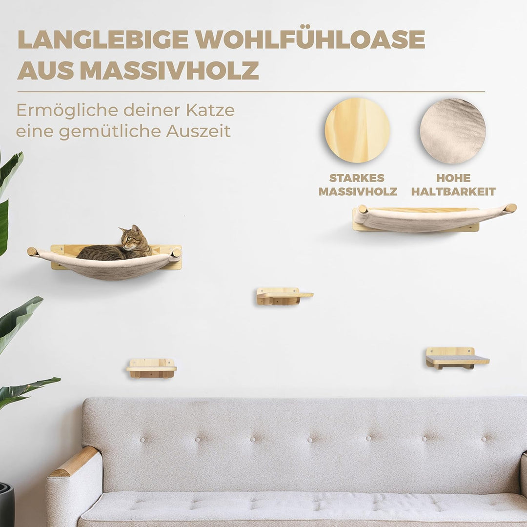 WOOWOOD® Kletterwand Katzen inkl. 2X Katzentreppe Wand [Massivholz] I Kratzbaum Wand I Hängematte Ka