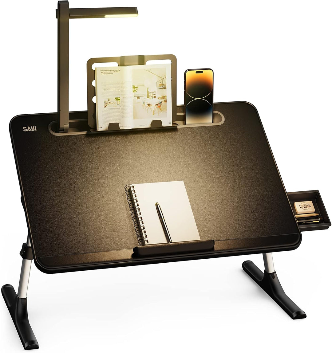 Tisch Bett Laptoptisch, SAIJI Bett Tisch mit LED Lampe, Höhen Winkel verstellbar, mit Buchständer, S
