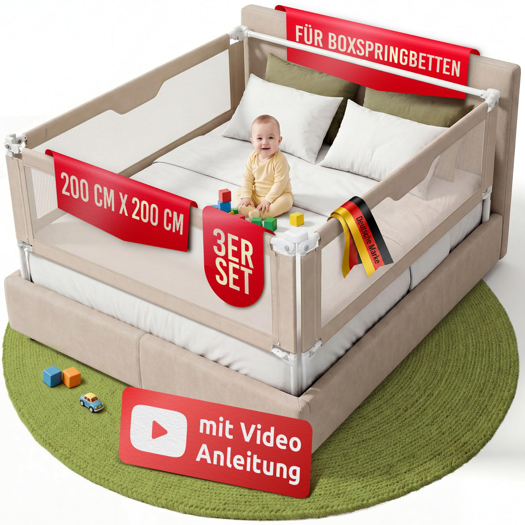 Mallie® Rausfallschutz Boxspringbett 200x200cm Elternbett Beige | 3-seitiges Set mit MALLIEFIX 2.0 C