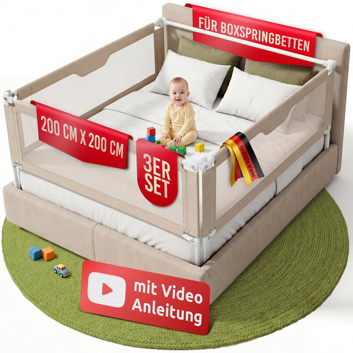 Mallie® Rausfallschutz Boxspringbett 200x200cm Elternbett Beige | 3-seitiges Set mit MALLIEFIX 2.0 C