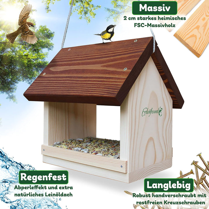 ERDENFREUND® Vogelfutterhaus 2 Grössen mit Leinenkordel reissfest Futterhaus für Vögel wetterfest mi