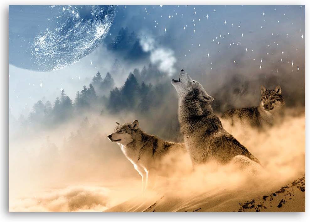 Feeby Dekobild Wölfe Deko Wand Kunstdruck Mond Braun 70x50 cm Deko Paneel 70x50 cm Braun_a, Deko Pan
