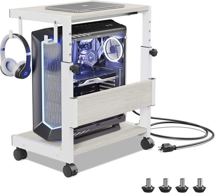 Höhenverstellbarer PC Ständer mit Rollen, 2 Haken, 2-stufig | Computer Tower Ständer, Druckerständer