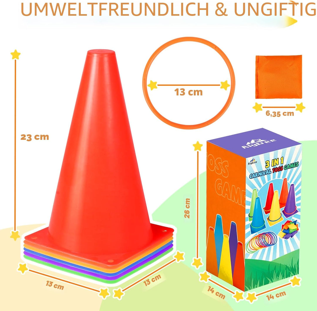 31 Stück Outdoor Spiele für Kinder, 3 in 1 Wurfspiel Kinder Outdoor - Cornhole Säckchen, Pylonen & R