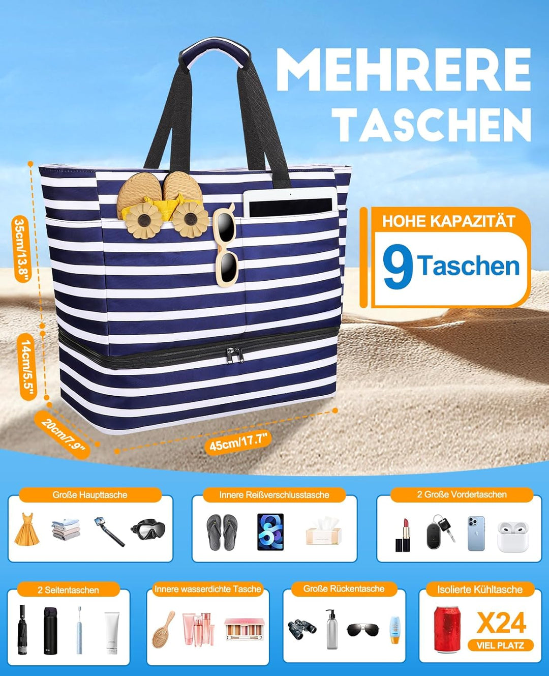 ISEYOU Strandtasche XXL Familie mit Kühltasche, Gross Strandtasche mit Reissverschluss Wasserdicht S
