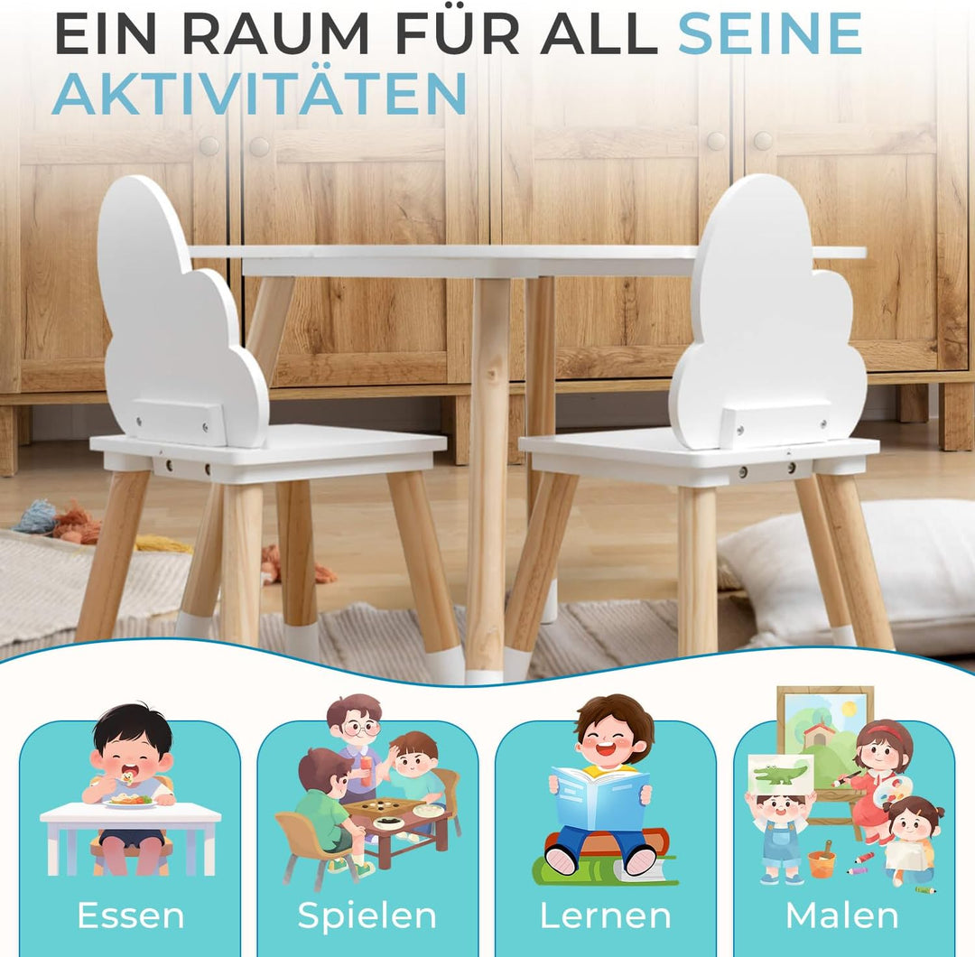 Rebecca Mobili Kindertisch und Stühle Set, Stühle und Tisch für Kinderzimmermöbel Hellbraun Weiss, M