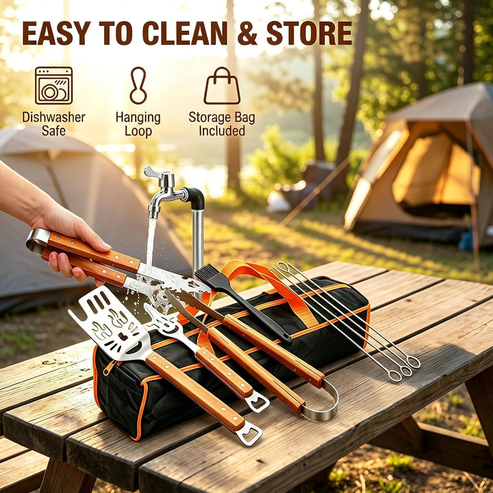 7-in-1 Grillbesteck Set 9-TLG Edelstahl mit Holzgriff Eingebaute Grillspachtel Set Funktion, Kreativ