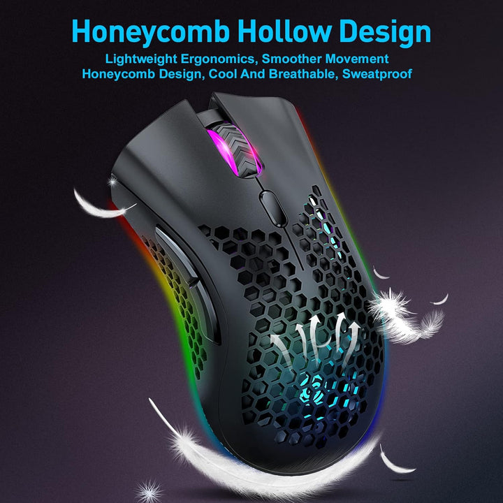 Bluetooth Gaming Maus, Light Honeycomb Maus mit RGB Hintergrundbeleuchtung, einstellbare DPI, Blueto