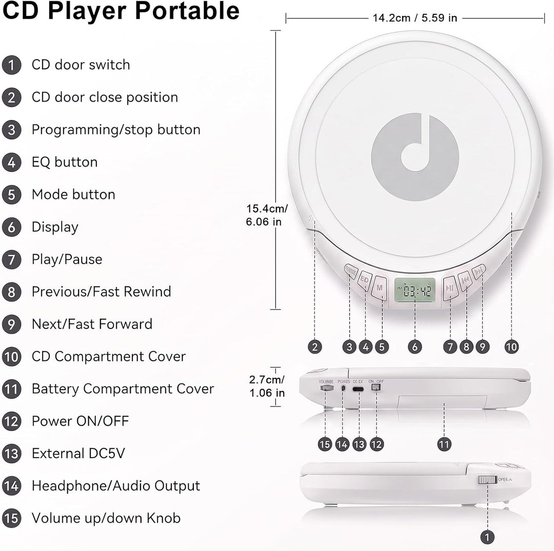 Gueray CD Spieler Tragbarer CD-Player Persönliche CD Players mit Kopfhörer LCD Display Anti-Skip Sch