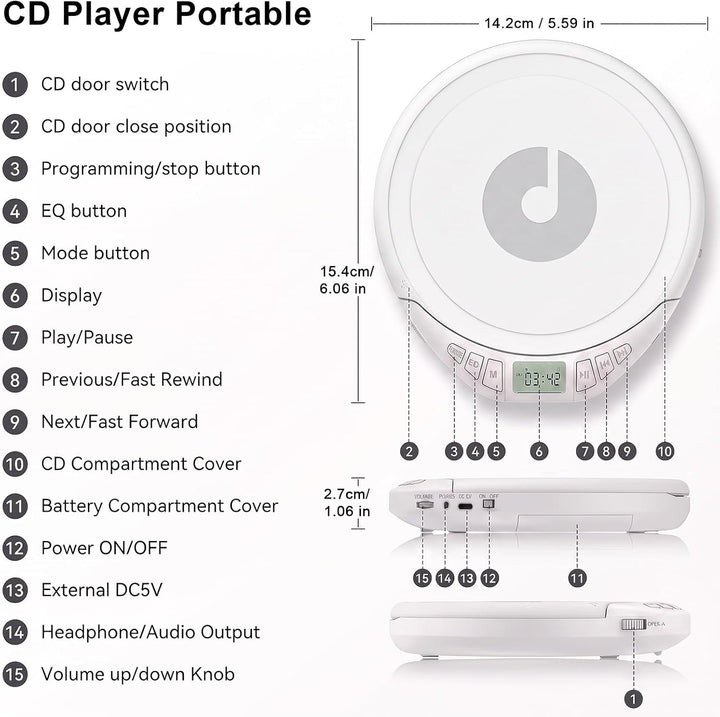Gueray CD Spieler Tragbarer CD-Player Persönliche CD Players mit Kopfhörer LCD Display Anti-Skip Sch