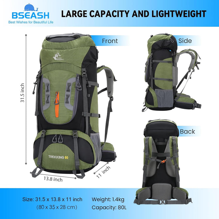 Bseash 80L Wasserdichter Wanderrucksack mit Regenschutz, leichter Outdoor-Sport, Reisen, Tagesrucksa