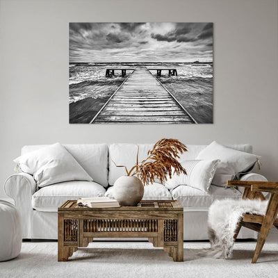 Bilder auf Leinwand 100x70cm Leinwandbild mit Rahmen Brücke Meer Welle Gross Wanddeko Bild Schlafzim