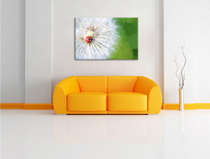 Pixxprint Marienkäfer auf einem Löwenzahn / 100x70cm Leinwandbild bespannt auf Holzrahmen/Wandbild K
