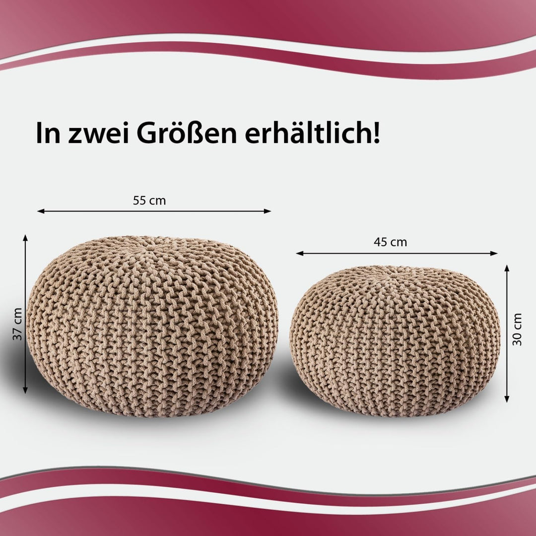casamia Pouf Ø 55 o. 45 cm Sitzpouf Strickhocker Sitzpouf Bodenkissen nachhaltig Grobstrick Optik Gr