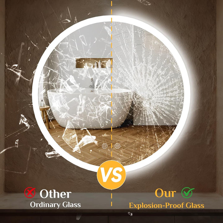 Clevich Badspiegel mit Beleuchtung rund 80 cm, LED Spiegel mit 3 Lichtfarben dimmbar, gehärtetes Gla