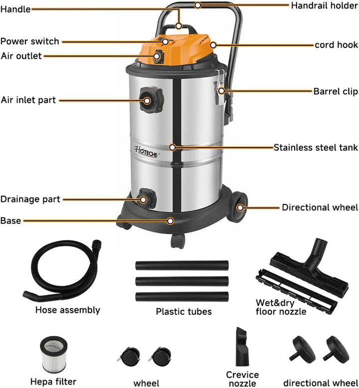 Hoteche 1200W Nass-Trockensauger - 40L Metallbehälter, 1.4m³/min Luftstrom, 15KPa Saugkraft, mit Bla