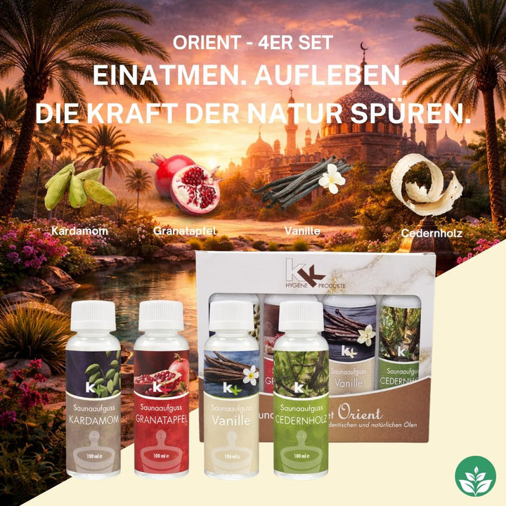 Sauna Set | KK Saunaaufgussset 4 x 100 ml + 50g Mentholkristalle | Saunakonzentrat + Menthol-Kristal