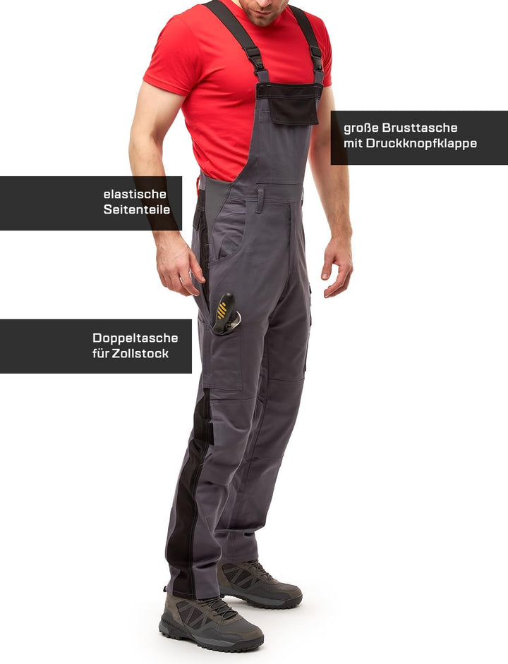 strongAnt Latzhose Herren Stretch Arbeitshose Arbeitslatzhose mit Kniepolstertaschen Schwarz Grau We
