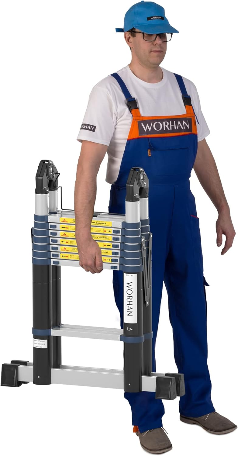 WORHAN® 5m TELESKOPLEITER 2 in 1 ANLEGELEITER KLAPPLEITER ALU TELESKOP LEITER MULTIFUNKTTIONS LEITER